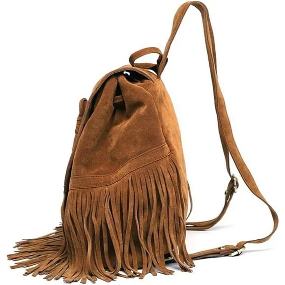 ✨Women Brown Leather Suede Fringed Tassel Backpack Purse Fashion Shoulder Bag - Picture 3 of 7